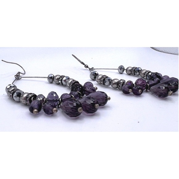 Amethyst Color Beaded Hoop Earrings Silver Tone Dangle 3" Boho Chic - Picture 3 of 4